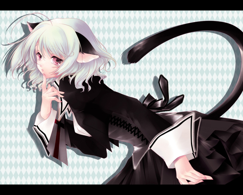 1girl animal_ears copyright_request hentai mogami_rio nail_polish pink_eyes pink_nails red_eyes school_uniform solo tail wallpaper white_hair
