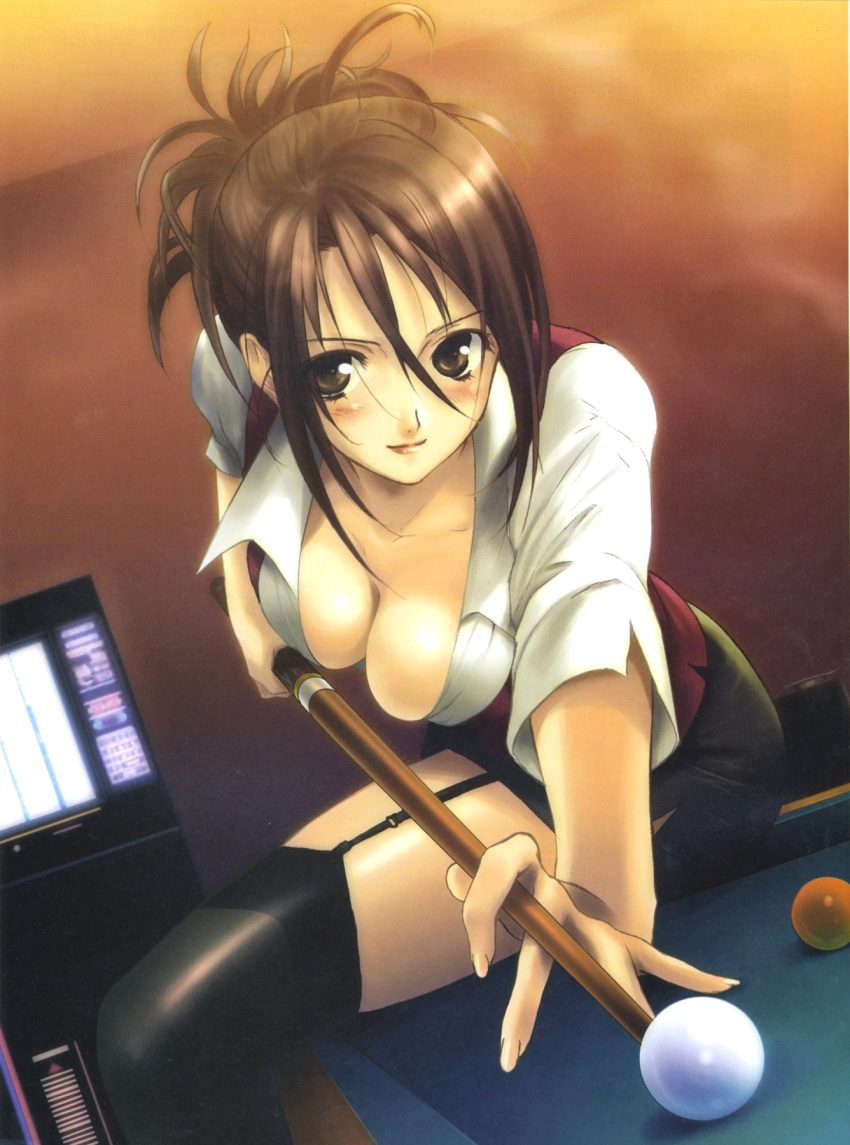 1girl ball billiards black_legwear black_thighhighs breasts brown_eyes brown_hair cleavage clothing cue_ball cue_stick down_blouse dutch_angle female fingernails garter_straps high_resolution legwear light_smile lingerie lipstick looking_at_viewer makeup masaharu medium_breasts original outstretched_arm pencil_skirt potential_duplicate screen screening short_hair skindentation skirt solo stockings thighhighs thighs underwear very_high_resolution zettai_ryouiki