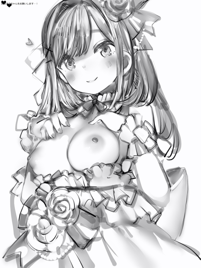 1girl big_breasts blush bow breasts breasts_out_of_clothes closed_mouth dress fingernails flower greyscale hair_flower hair_ornament hairclip heart high_resolution long_hair looking_at_viewer monochrome nail_polish nanashi_(nlo74593630) neck_garter nijisanji nipples rose simple_background smile suzuhara_lulu virtual_youtuber white_background wristband x_hair_ornament