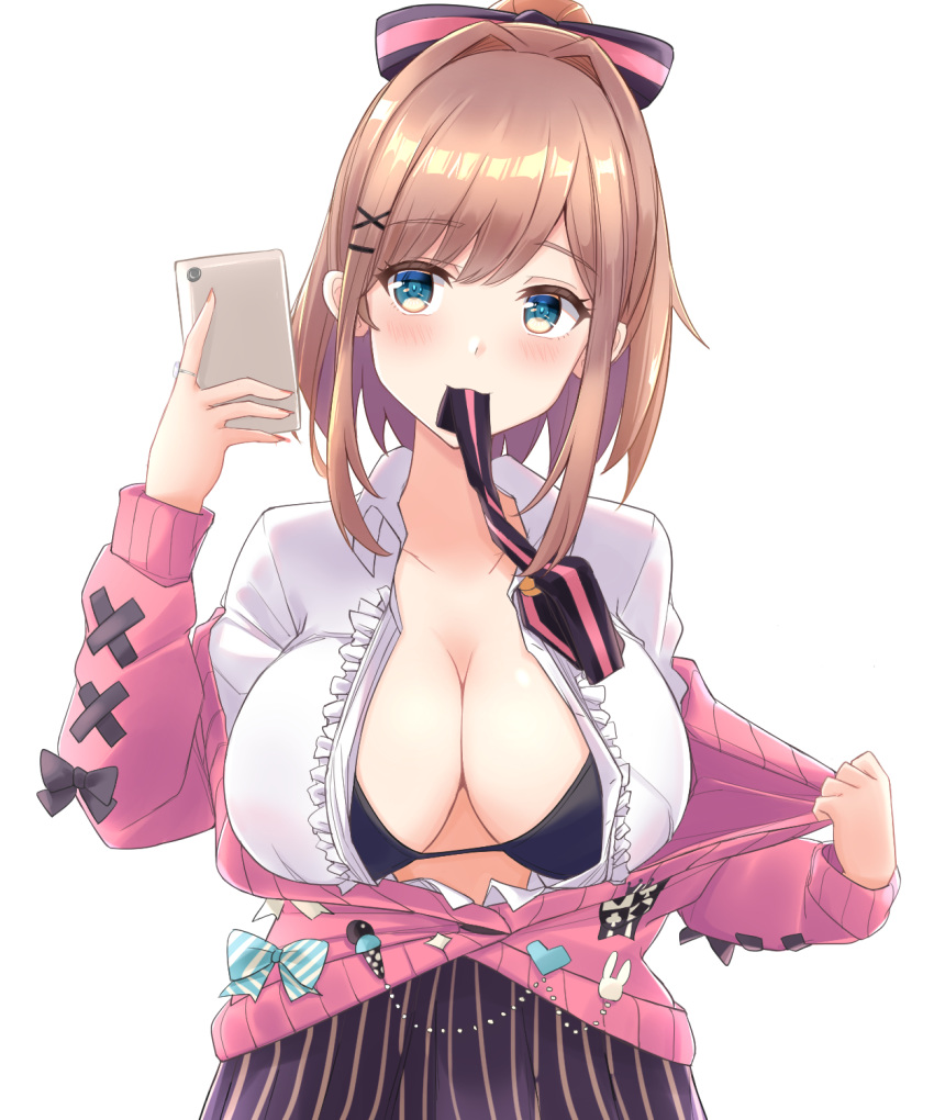 1girl 1girl bangs big_breasts black_bow black_bra black_neckwear black_skirt black_underwear blue_bow blue_eyes blush bow bra breasts brown_hair cardigan cellphone center_frills clavicle cleavage collared_shirt eyebrows_visible_through_hair frilled_shirt frills hair_bow hair_ornament heckler_kai high_resolution holding holding_object holding_phone long_hair long_sleeves looking_at_viewer mouth_hold neck_tie necktie_in_mouth nijisanji open_cardigan open_clothes phone pink_cardigan ponytail shirt simple_background skirt smartphone striped suzuhara_lulu swept_bangs taking_picture tied_hair underwear upper_teeth vertical-striped_skirt vertical_stripes virtual_youtuber white_background