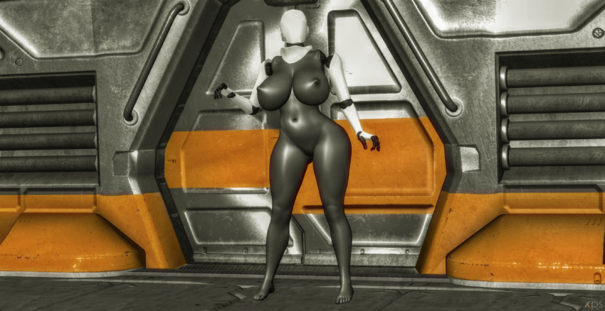 1girl 3d android areola artificial_intelligence bars belly belly_button big_breasts black_nipples black_skin corridor curvy door doorway erect_nipples feet female_only foot games grey_body haydee haydee_(game) huge_breasts knees legs looking_at_viewer navel nude nude_female pipes plump posing red_balls render soles stomach thick_thighs thighs video_games xnalara xps