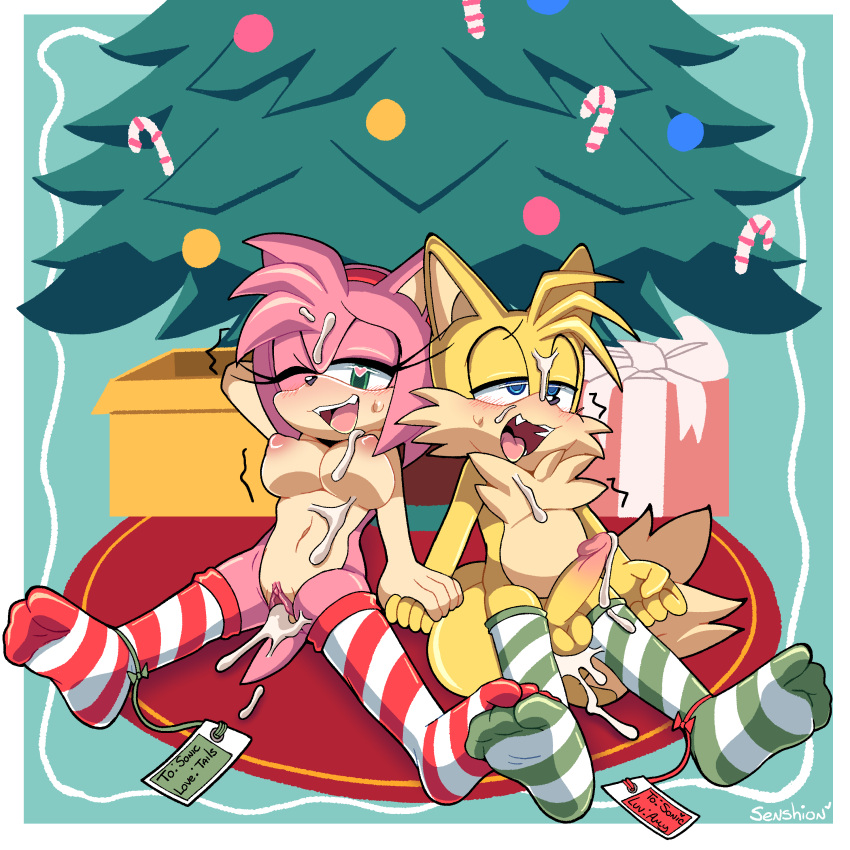amy_rose anthro anthro_only blush breasts christmas cum cum_in_pussy cum_inside cum_on_body cum_on_face fox furry furry_only miles_"tails"_prower penis sega senshion text