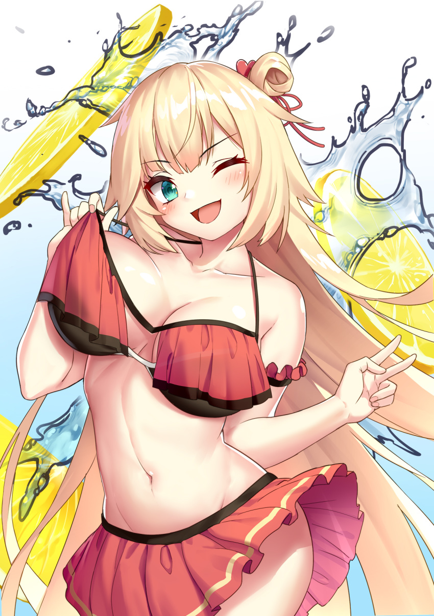 1girl akai_haato arm_garter bare_arms bare_shoulders big_breasts bikini bikini_pull bikini_skirt blonde blue_eyes blush breast_curtains breasts clavicle drogoth food fruit groin hair_bun hair_ornament hair_ribbon hand_up heart high_resolution hololive lemon lemon_slice long_hair looking_at_viewer navel official_alternate_costume one_eye_closed open_mouth red_bikini red_ribbon ribbon standing stomach swimsuit thick_thighs thighs tied_hair tongue two-tone_background v v_arms very_long_hair virtual_youtuber water wavy_hair wide_hips