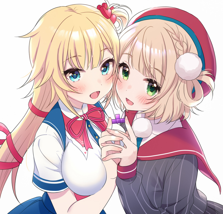 2_girls :d akai_haato bangs beret blonde blue_eyes blue_skirt blunt_bangs blush braid breasts brown_hair collared_shirt crossover dress_shirt eyebrows_visible_through_hair female_only fingernails green_eyes grey_jacket hair_ornament hair_ribbon hand_up hands_together hat heart heart_hair_ornament high_resolution hololive jacket light_brown_hair long_hair looking_at_viewer medium_breasts multiple_girls neck_ribbon one_side_up open_mouth pleated_skirt red_headwear red_ribbon red_sailor_collar ribbon sailor_collar shigure_ui shigure_ui_(vtuber) shirt short_sleeves simple_background skirt smile striped tetris tied_hair tsukada_nari vertical-striped_jacket vertical_stripes very_long_hair virtual_youtuber white_background white_shirt