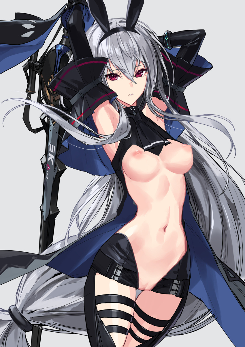 1girl 1girl 1girl animal_ears arknights armpits arms_behind_head arms_up ascot black_coat black_gloves black_neckwear black_pants black_shirt breastless_clothing breasts bunny_ears coat cowboy_shot crotchless_clothes detached_sleeves exposed_breasts exposed_pussy expressionless eyebrows_visible_through_hair eyelashes fake_animal_ears gloves grey_background hair_between_eyes high_resolution holding holding_sword holding_weapon inverted_bunnysuit labia long_hair looking_at_viewer low-tied_long_hair medium_breasts meme_attire midriff navel nipples nopan paipan pants parted_lips pussy red_eyes reverse_outfit shirt sigm40 silver_hair simple_background skadi_(arknights) slender_waist sword thigh_cutout thigh_gap thigh_strap tied_hair very_long_hair weapon white_background