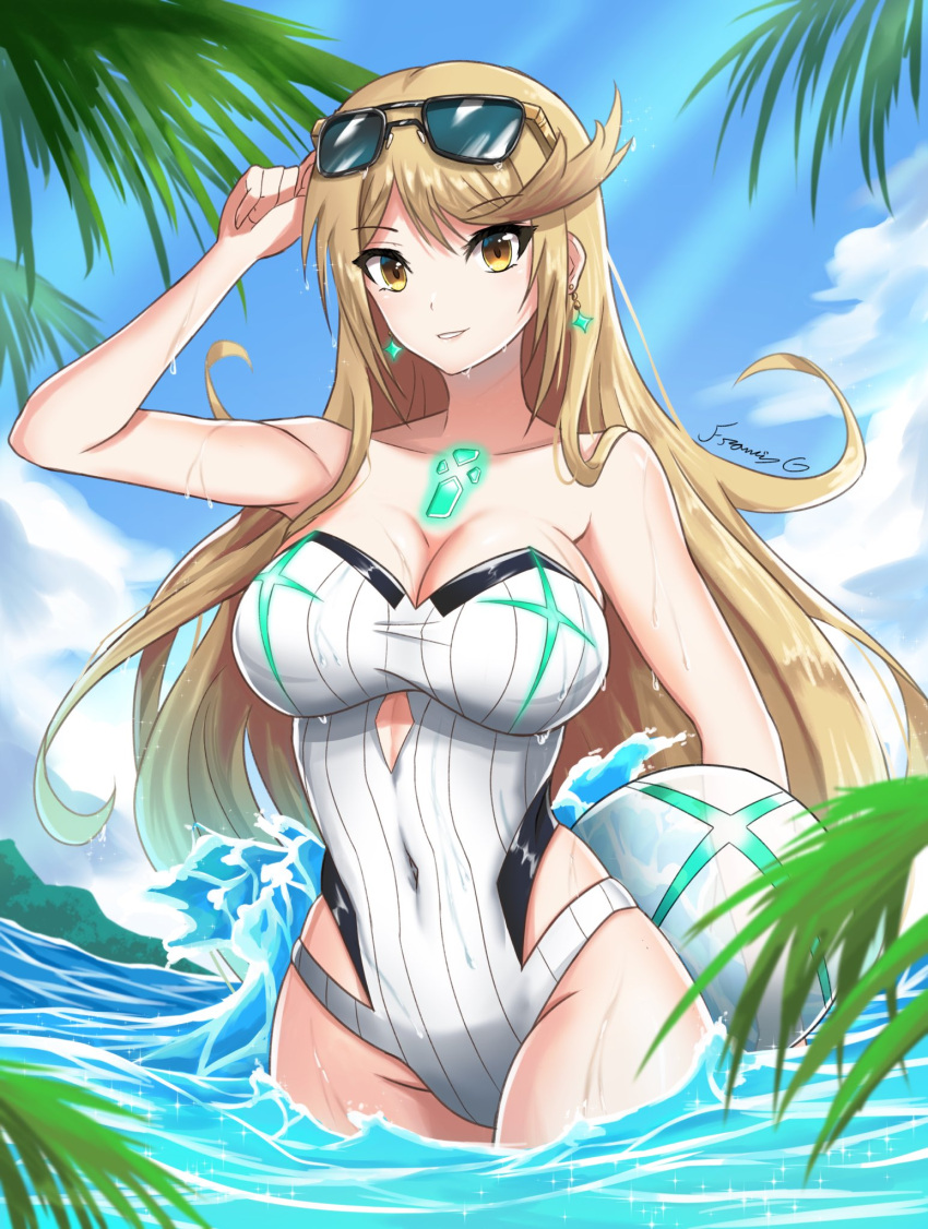 1girl alluring bangs big_breasts blonde_hair breasts chest_jewel fgsketch gem headpiece high_res long_hair mythra mythra_(radiant_beach)_(xenoblade) mythra_(xenoblade) nintendo one-piece_swimsuit ribbed_swimsuit strapless strapless_swimsuit striped striped_swimsuit swept_bangs swimsuit tiara two-tone_swimsuit very_long_hair white_swimsuit xenoblade_(series) xenoblade_chronicles_2 yellow_eyes