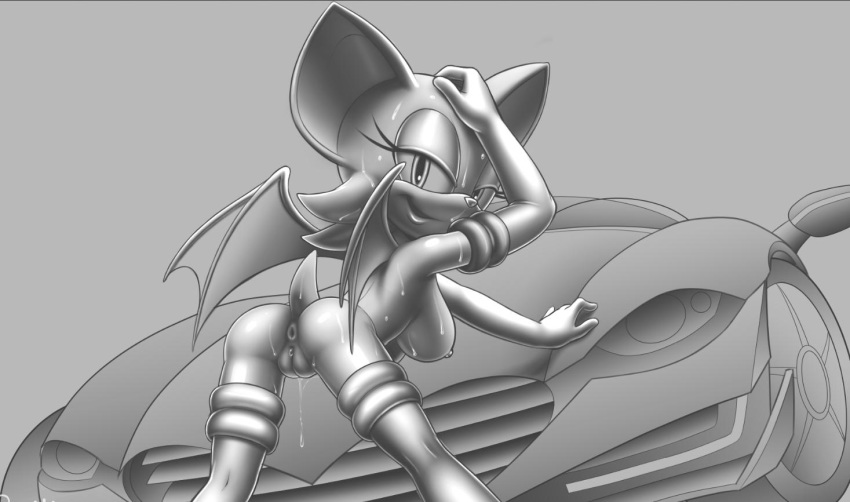 ass bat_wings car elbow_gloves looking_at_viewer looking_back monochrome pussy rouge_the_bat sega