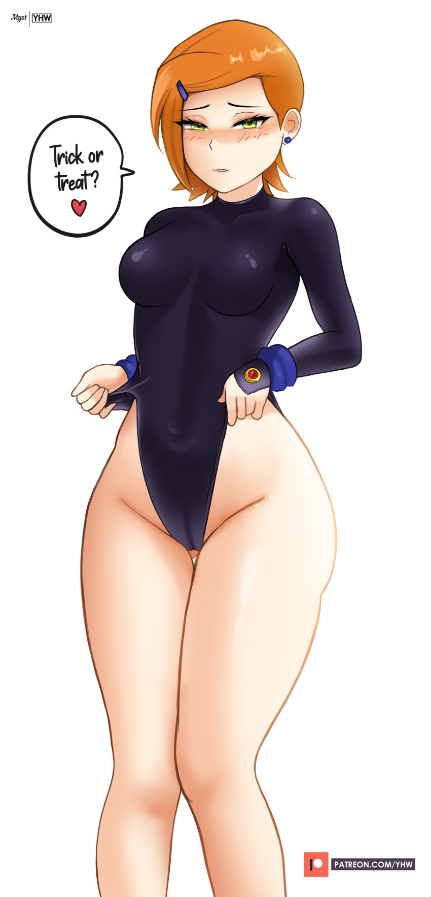 alternate_costume bare_legs bare_thighs ben_10 blush breasts cameltoe cartoon_network cosplay crossover crossover_cosplay dc_comics embarrassed gwen_tennyson halloween midriff myst navel petite raven_(cosplay) raven_(dc) skin_tight teen_titans yhw