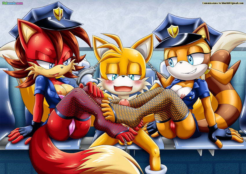 2girls archie_comics bbmbbf cosplay erect_nipples fiona_fox footjob handcuffed marine_the_raccoon miles_"tails"_prower mobius_unleashed multiple_girls palcomix penis pussy sega sonic_(series) sonic_the_hedgehog_(series)