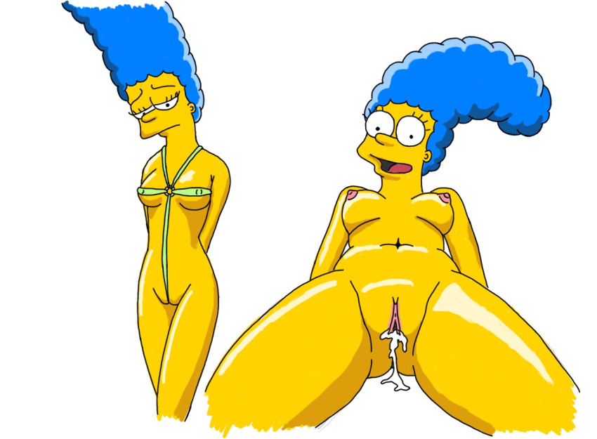 blue_hair cum_in_pussy marge_simpson masterfan_(artist) shaved_pussy tagme the_simpsons white_background yellow_skin