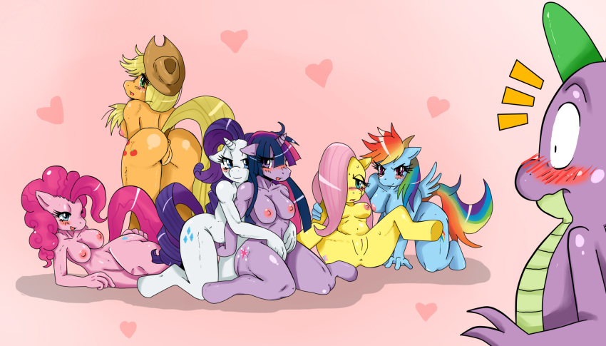 anus applejack apples big_breasts blue_eyes blush breasts dragon equine female fluttershy friendship_is_magic green_eyes hair heart hooves horse multiple_tails my_little_pony nipple nipples nude pegacorn pegasus pink_background pink_hair pinkie_pie pony pose purple_hair pussy rainbow_dash rarity scalie spike spread_legs spreading sssonic2 surprise tail twilight_sparkle unicorn yellow_hair