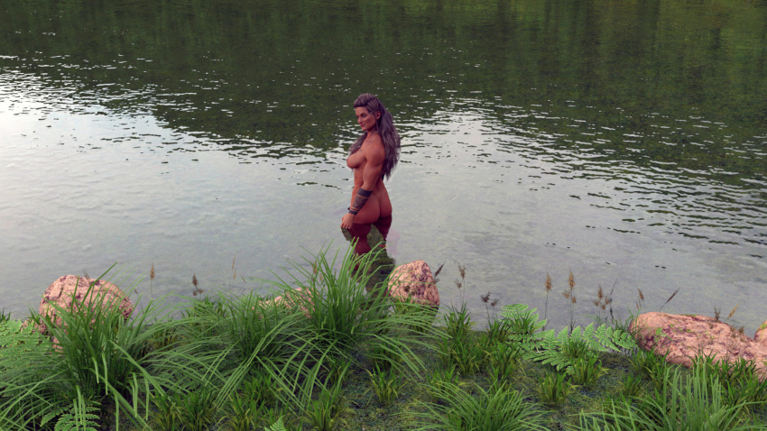 3d ass breasts in_water lake long_hair looking_at_viewer muscular muscular_female nature nature_background nude spodvohomg standing tattoo tattooed_arm