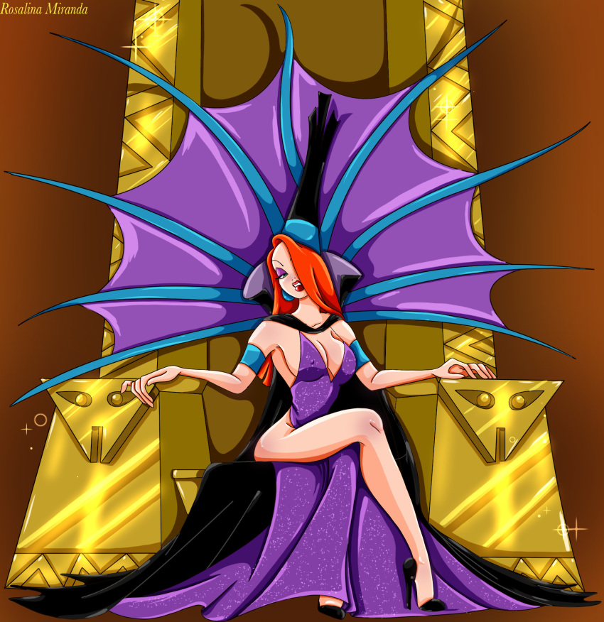 bare_legs blue_armband cape cleavage cosplay disney erect_nipples_under_clothes high_heels insanely_hot jessica_rabbit legs lips lipstick long_orange_hair mshowllet nipples_visible_through_clothing pokies purple_dress purple_eyeshadow red_lipstick sitting_on_throne teeth the_emperor's_new_groove thighs throne who_framed_roger_rabbit yzma yzma_(cosplay)