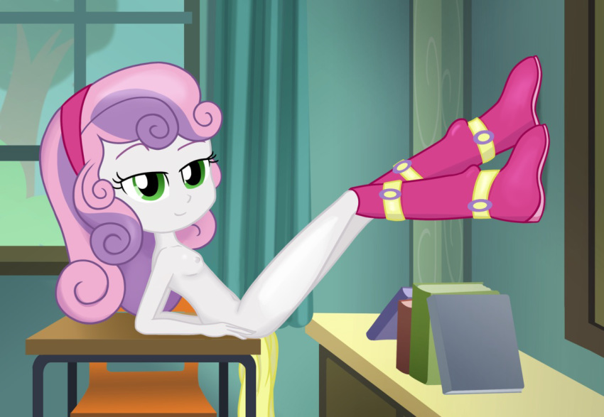 1girl boots breasts equestria_girls female female_only friendship_is_magic green_eyes indoors my_little_pony nude ohohokapi on_table public_nudity sideboob solo sweetie_belle sweetie_belle_(mlp)