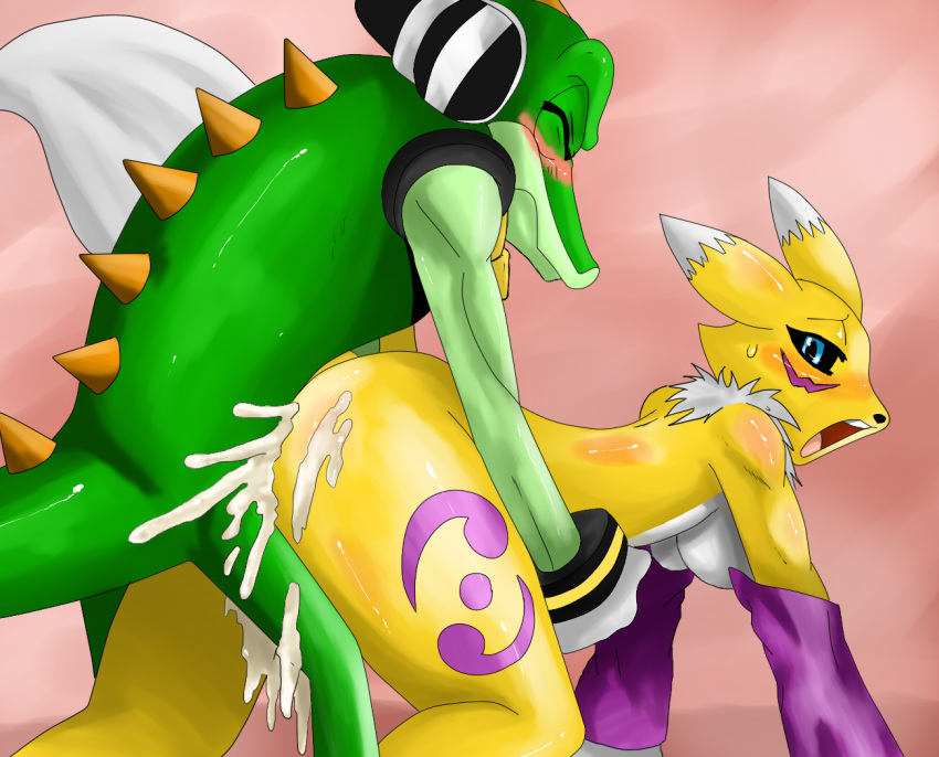 anal bent_over blue_eyes blush closed_eyes crocodile crossover cum digimon from_behind furry gloves looking_back renamon reptile scalie sega sonic_(series) sonic_team sssonic2 tattoo vector_the_crocodile