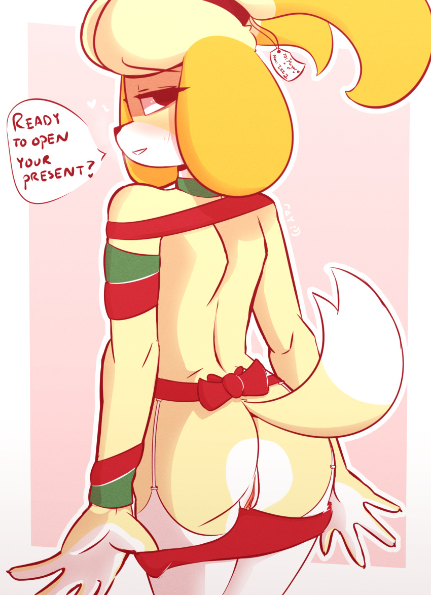 &lt;3 1girl 1girl 2018 animal_crossing anthro ass blush canine clitoris clothing dialogue dog fur furry hair high_res isabelle_(animal_crossing) mammal nintendo nude panties panties_down pussy raydio shih_tzu simple_background smile text underwear video_games white_fur yellow_fur