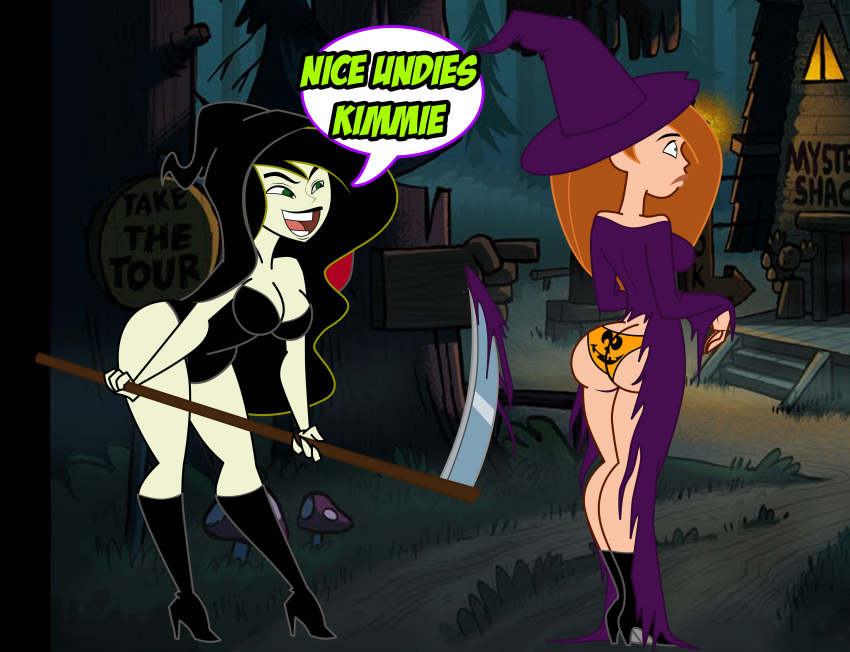 2girls ass breasts cosplay disney embarrassing funny grimphantom grimphantom_(artist) halloween jack-o'-lantern kim_possible kimberly_ann_possible multiple_girls panties print_panties pumpkin shego torn_clothes torn_clothing underwear wardrobe_malfunction weapon witch witch_hat