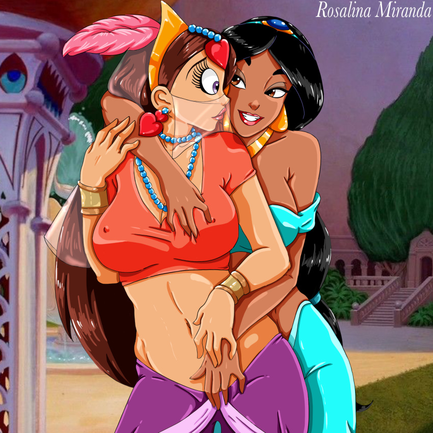 2_girls aladdin_(series) bare_shoulders bead_necklace breast_grab crossover dark-skinned_female disney duo_focus earrings erect_nipples_under_clothes face_veil female_abs female_focus female_only grabbing_breasts groping_from_behind hairband hands_on_another's_arms hands_on_another's_hands heart_earrings horny horny_face insanely_hot looking_at_another looking_to_the_side mshowllet naughty_face navel nipples_visible_through_clothing pokies princess_jasmine princess_yum_yum smile teeth the_thief_and_the_cobbler you_gonna_get_raped yuri
