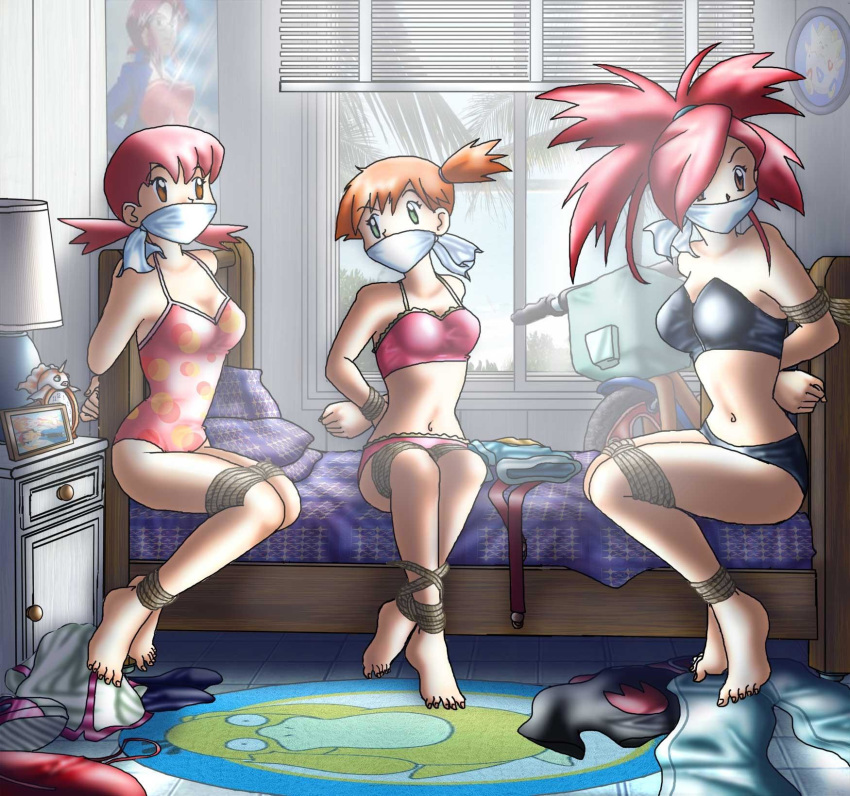 3girls akane_(pokemon) arm arms arms_behind_back art artist_request ash_ketchum ass asuna_(pokemon) babe bare_arms bare_legs bare_shoulders barefoot bed bikini bondage breasts brown_eyes carpet clothes_removed feet flannery full_body gag game_freak goldeen green_eyes gym_leader hair huge_breasts humans_of_pokemon indoors kanna_(pokemon) kasumi_(pokemon) legs long_hair lorelei low_twintails midriff misty_(pokemon) multiple_girls navel nintendo one-piece_swimsuit orange_hair pink_hair pokemon pokemon_(anime) pokemon_(game) pokemon_frlg pokemon_gsc pokemon_hgss pokemon_red_green_blue_&amp;_yellow pokemon_rgby pokemon_rse ponytail psyduck red_eyes red_hair room rope satoshi satoshi_(pokemon) short_hair side_ponytail sitting small_breasts strapless swimsuit tied_up togepi whitney window