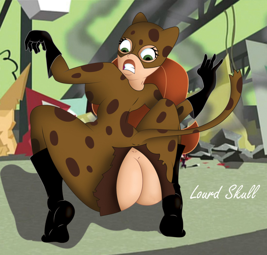 1girl animal_ears animal_tail ass boots bubble_butt cat_tail dimples_of_venus disney embarrassing gloves going_command graficos_lozano green_eyes hair kim_possible kimberly_ann_possible large_ass lipstick long_hair looking_at_ass looking_back looking_down lozano_(artist) mask orange_hair round_ass solo spandex suit surprise tail teeth torn_clothes torn_clothing wardrobe_malfunction wide_hips