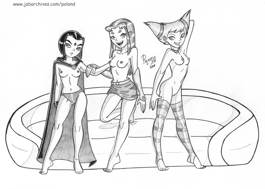 breasts cape dc dcau gloves hairless_pussy jinx long_hair monochrome nipple panties poland_(artist) pussy raven_(dc) short_hair smile starfire stockings teen_titans topless underwear white_background