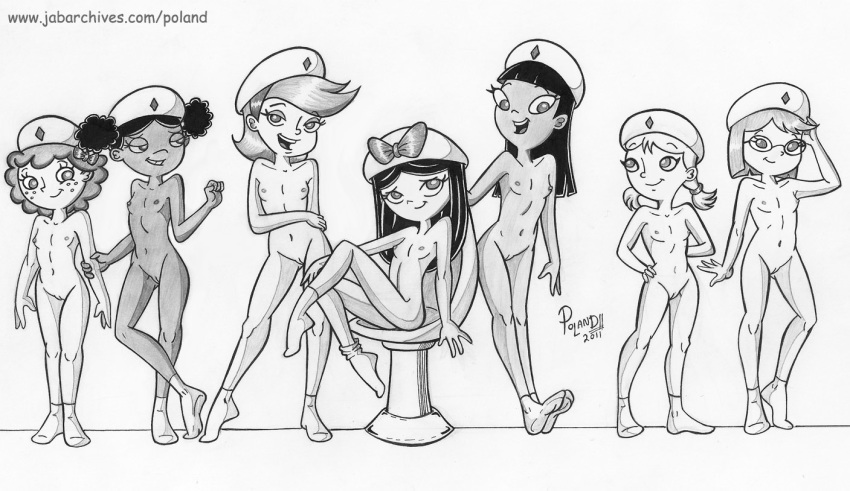 adyson_sweetwater ass black_hair bow breasts dark_skin disney erect_nipples fireside_girls flat_chest freckles ginger_hirano glasses gretchen_(phineas_and_ferb) hairless_pussy hat holly_(phineas_and_ferb) isabella_garcia-shapiro katie_(phineas_and_ferb) long_hair milly_(phineas_and_ferb) monochrome nipples nude phineas_and_ferb poland_(artist) pussy short_hair small_breasts smile socks twin_tails