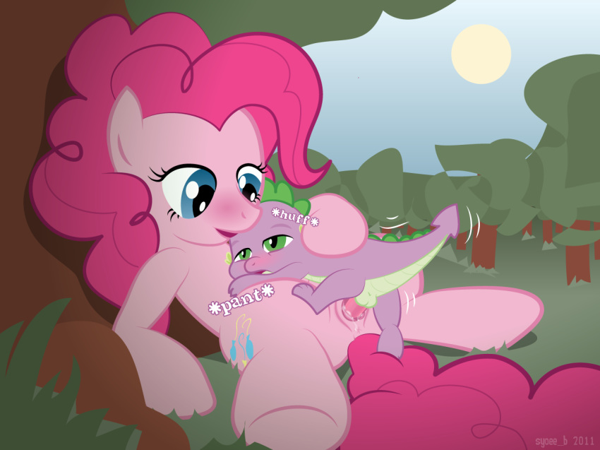 anus blue_eyes blush dragon equine female forest friendship_is_magic green_eyes hair horse male my_little_pony outside penetration penis pink pink_hair pinkie_pie pony purple_scales pussy pussy_juice scalie size_difference sky spade_tail spike sun syoee_b tail testicles tree vaginal vaginal_penetration