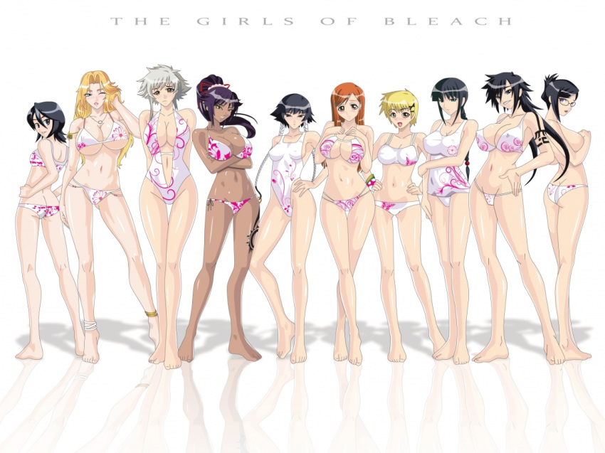 10girls 1152x864 4:3 6+girls bikini bleach breasts inoue_orihime multiple_girls rangiku_matsumoto shiba_kuukaku soifon swimsuit text toes wallpaper yoruichi_shihouin