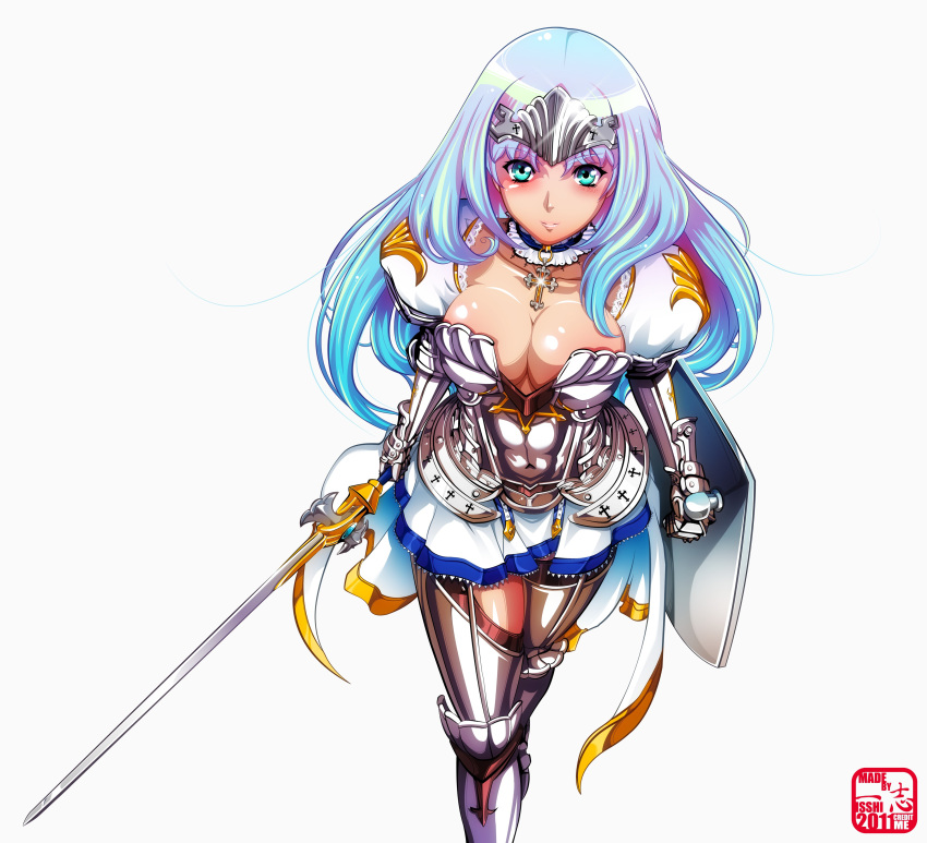 1girl absurdres annelotte_(queen's_blade) armor armored_dress big_breasts breasts cleavage gradient_hair green_eyes highres isshi_(artist) large_breasts multicolored_hair navel oppai queen's_blade queen's_blade_rebellion shield stockings sword thighhighs tiara weapon
