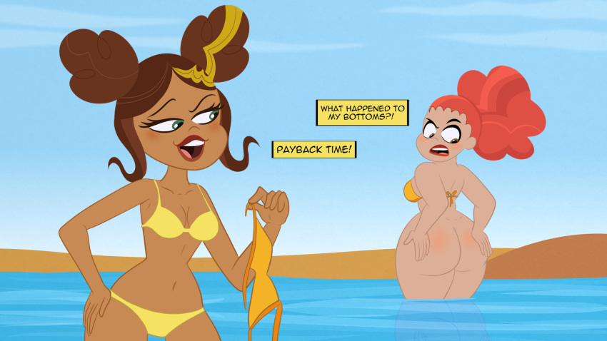 2_girls ass beach big_ass bottomless breasts bumblebee cleavage dark_skin dc_comics dc_super_hero_girls dc_super_hero_girls_(2019) doris_zeul doris_zeul_(shg) embarrassed embarrassing female_only giganta hands_on_ass hands_on_butt in_water karen_beecher_(shg) looking_at_another looking_at_ass looking_back muscle scobionicle99 smug swimsuit swimwear thick_ass thick_thighs water yellow_highlights yellow_swimsuit