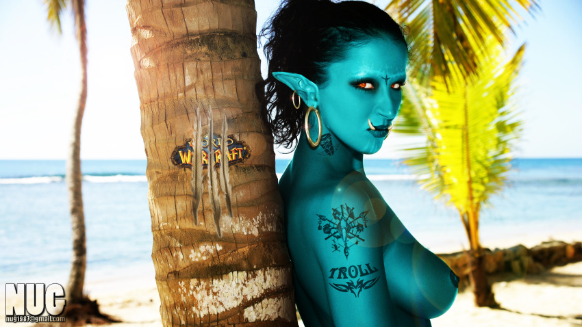 blue_skin nug_(artist) pointy_ears sideboob tattoo world_of_warcraft