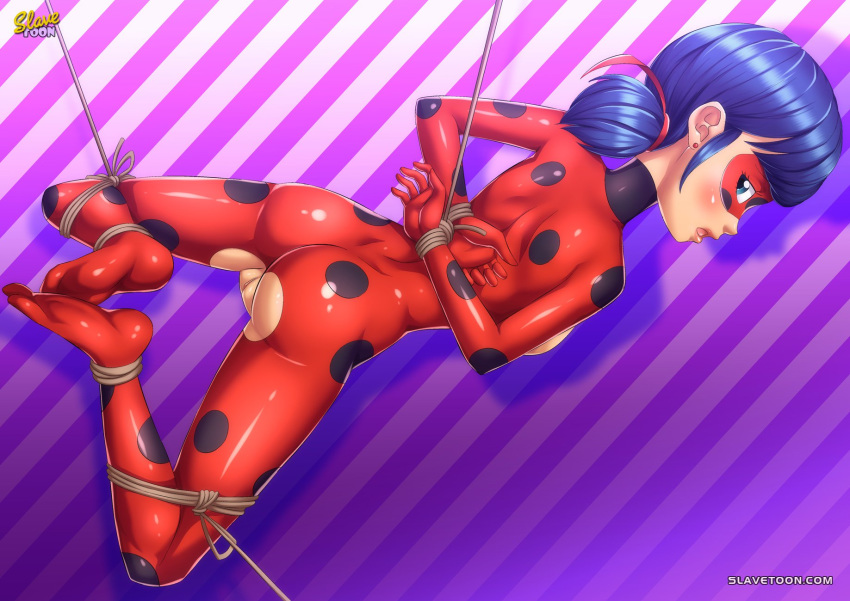 1girl ass big_ass big_breasts bodysuit bondage breasts female female_only marinette_cheng miraculous_ladybug pussy slavetoon* solo torn_clothes