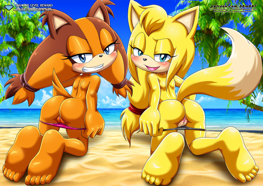 2_girls animal_ears ass bbmbbf beach blonde_hair blush cute full_body furry long_hair looking_at_viewer looking_back mobius_unleashed multiple_girls palcomix pietro's_secret_club pussy sega smile sonic_(series) sonic_boom sonic_the_hedgehog_(series) sticks_the_jungle_badger tail zooey_the_fox