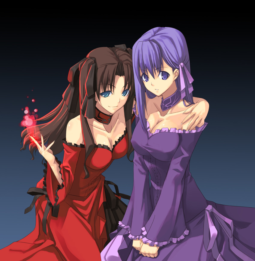2girls aqua_eyes bare_shoulders big_breasts black_background black_hair blue_background blue_eyes breasts brown_hair choker cleavage clenched_hand clenched_hands collarbone dress embarrassed erect_nipples fate/stay_night fate_(series) frilled_dress frilled_sleeves frills gown gradient gradient_background hair hair_between_eyes hair_ribbon hand_on_another's_shoulder hand_on_shoulder high_res highres hug hugging incest large_breasts long_hair long_sleeves looking_at_viewer magic matou_sakura multiple_girls naughty_face neck off-shoulder_dress parted_lips purple_dress purple_eyes purple_hair red_dress ribbon shingo_(artist) shingo_(missing_link) shiny shiny_skin siblings sisters sitting smile strapless strapless_dress tohsaka_rin toosaka_rin twintails two_side_up v_arms wide_sleeves yuri