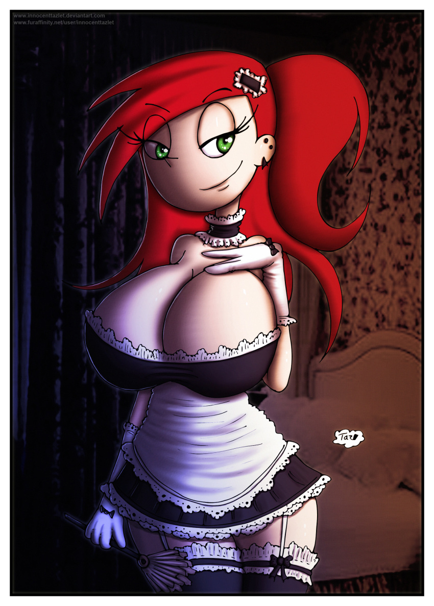 big_breasts breasts cleavage earring foster's_home_for_imaginary_friends frankie_foster gloves green_eyes innocenttazlet maid ponytail red_hair shiny shiny_skin solo thighhighs