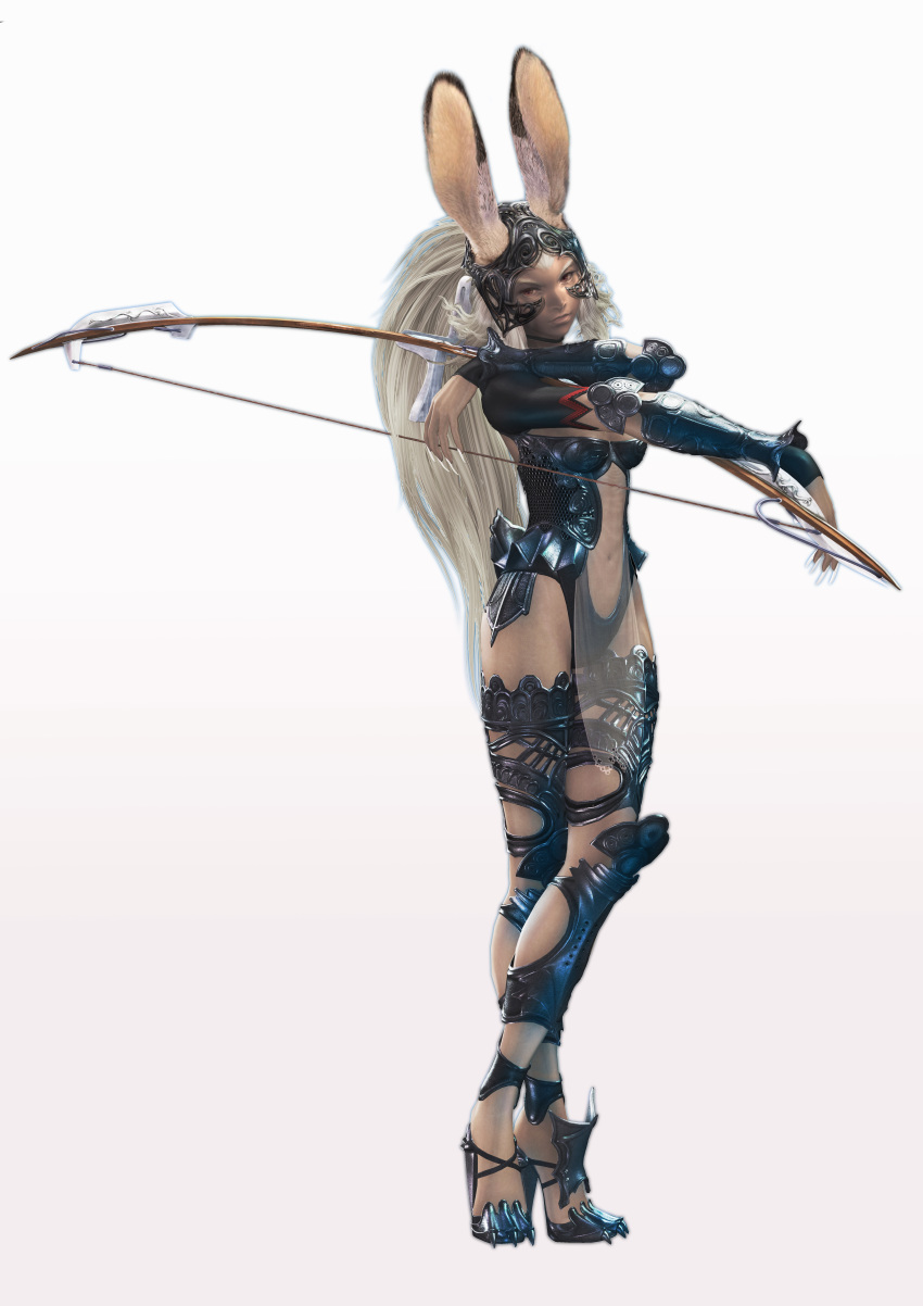 3d absurd_res absurdres animal_ears armor black_legwear bow_(weapon) bunny_ears center_opening cg claws crossed_arms crossed_legs dark_skin detached_sleeves final_fantasy final_fantasy_xii fingernails fran helmet high_heels highres leotard loincloth long_fingernails long_hair long_legs midriff navel official_art ponytail red_eyes see-through shoes simple_background sitting solo standing thighhighs very_long_hair viera weapon white_background white_hair