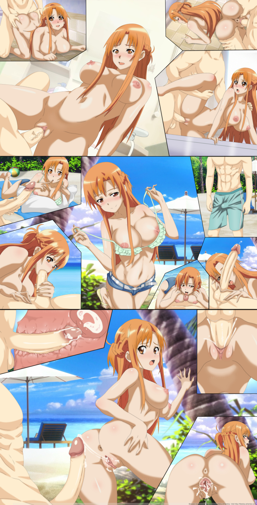 1boy 1girl asuna_(sao) beach big_breasts big_penis blue_sky bra_removed canon_couple clothed_sex day deep_penetration doggy_position erection_under_clothes fellatio hetero internal_cumshot kirito large_penis licking_penis looking_at_partner looking_at_penis looking_at_viewer looking_back multiple_views neeba open_mouth orange_hair outdoor_sex outside paizuri short_shorts sword_art_online uncensored vaginal vaginal_sex veiny_penis x-ray