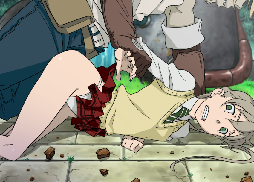 bent_over clothed_sex frown green_eyes ground ice_place maka maka_albarn necktie nude panties rape scared school_uniform sex skirt skirt_lift soul_eater sweater tie top-down_bottom-up underwear vaginal