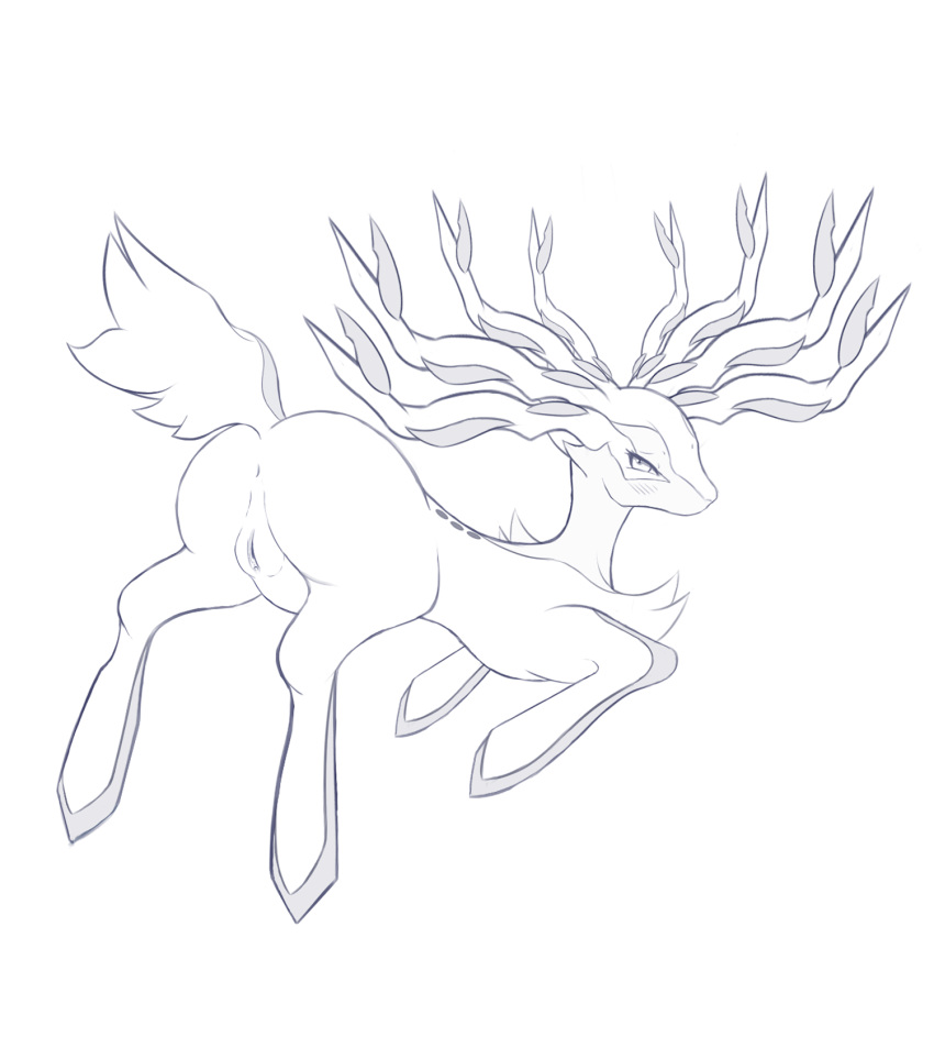 2014 antlers anus ass big_ass blush cervine deer female feral pokemon pokemon_xy presenting pussy raised_tail sketch tail xerneas