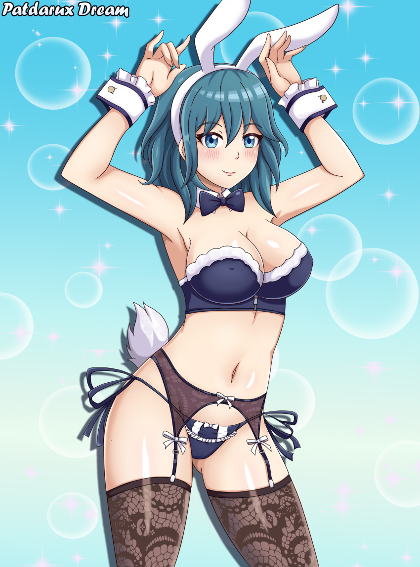 1girl alluring alternate_costume animal_ears ass_visible_through_thighs blue_background blue_eyes blue_theme blush bowtie breasts bubble_background bunny_ears bunny_girl bunny_tail byleth_(fire_emblem)_(female) female_only fire_emblem fire_emblem:_three_houses garter_belt leggings lipstick looking_at_viewer mostly_nude nintendo nipple_bulge panties patdarux patdarux_dream revealing_clothes teal_hair thighhighsv