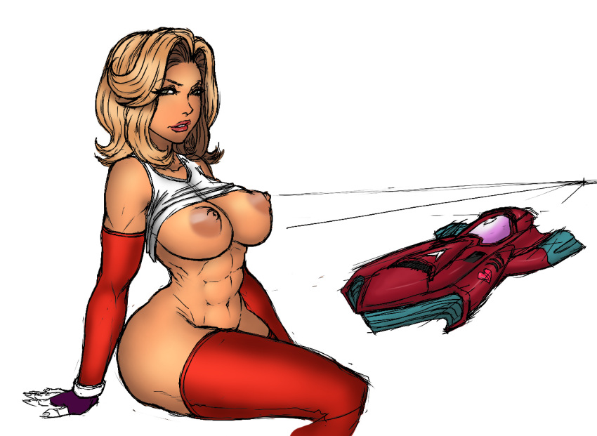 1girl 1kmspaint abs blonde_hair bottomless breasts colored dark_nipples detached_sleeves f-zero fingerless_gloves gloves large_breasts legoman lineart lips lipstick lm_(legoman) makeup monique_l'amoreaux nintendo nipples no_panties puffy_nipples queen_meteor red_gloves red_legwear shirt_lift short_hair sitting solo space_craft tank_top thighhighs wavy_hair
