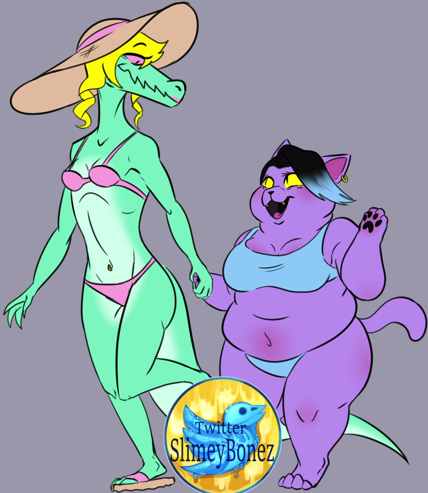 2_girls 4_fingers 4_toes alligator alligatorid anthro anthro_only artist_name ass big_breasts big_ears bikini bikini_bottom bikini_top black_hair blonde_hair blue_hair blue_skin blue_swimsuit bratty_(undertale) breasts breasts_size_difference cat cat_ears cat_girl cat_tail catty_(undertale) chubby chubby_anthro chubby_female cleavage crocodile crocodilian domestic_cat duo ear_piercing earring earrings felid feline felis female_anthro female_only flip_flops fur furry green_body green_skin grey_background hair hat holding_hands looking_at_another mammal midriff navel non-mammal_breasts non-mammal_navel open_mouth pawpads paws piercing pink_background pink_sclera pink_swimsuit purple_body purple_fur reptile reptile_girl reptile_tail scalie short_hair simple_background slimeybonez slit_pupils source_request swimsuit swimwear tail teeth twitter_logo twitter_username undertale undertale_(series) video_games walking yellow_sclera