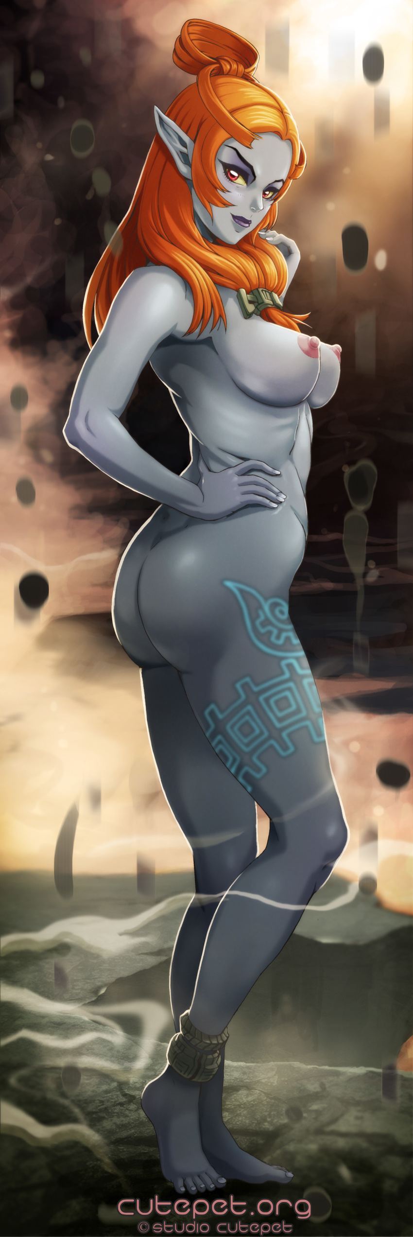 1girl ass athletic_female bare_legs barefoot blue_skin breasts erect_nipples female_abs fit_female hand_on_hip large_breasts lipstick long_hair midna nintendo nude orange_hair pointy_ears red_eyes red_hair sideboob tattoo the_legend_of_zelda twili_midna twilight_princess
