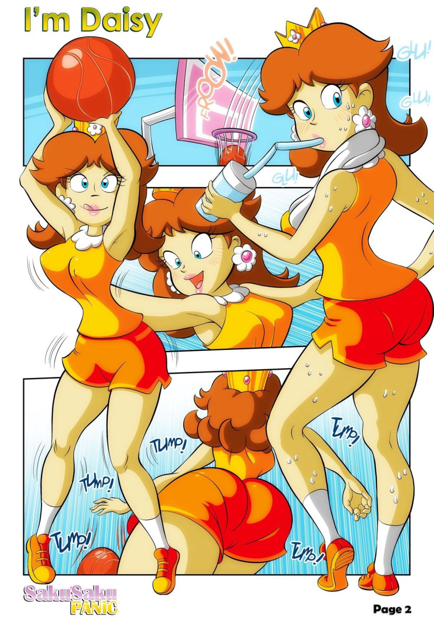 ass basketball blue_eyes drink gym_shorts i'm_daisy nintendo orange_hair princess_daisy sakusakupanic super_mario_bros.