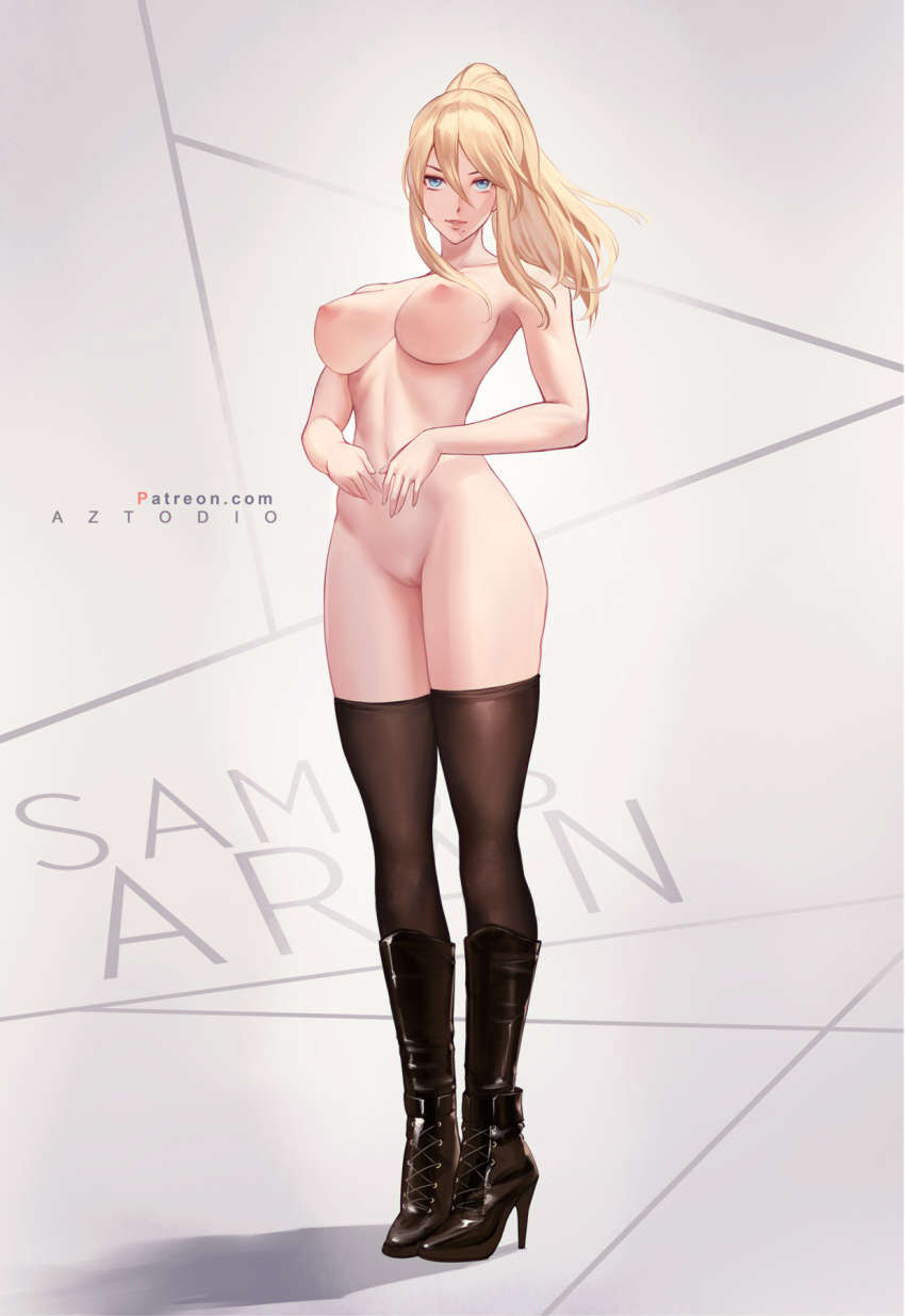 1_girl 1girl artist_name azto_dio bangs big_breasts black_footwear black_legwear blonde blue_eyes boots breasts censored character_name clavicle female female_only full_body gradient gradient_background grey_background hair_between_eyes high_heel_boots high_heels high_resolution knee_boots long_hair looking_at_viewer metroid mosaic_censoring navel nipples nude parted_lips pink_lips ponytail pussy samus_aran shoes sidelocks smile solo standing stockings stomach tied_hair watermark web_address