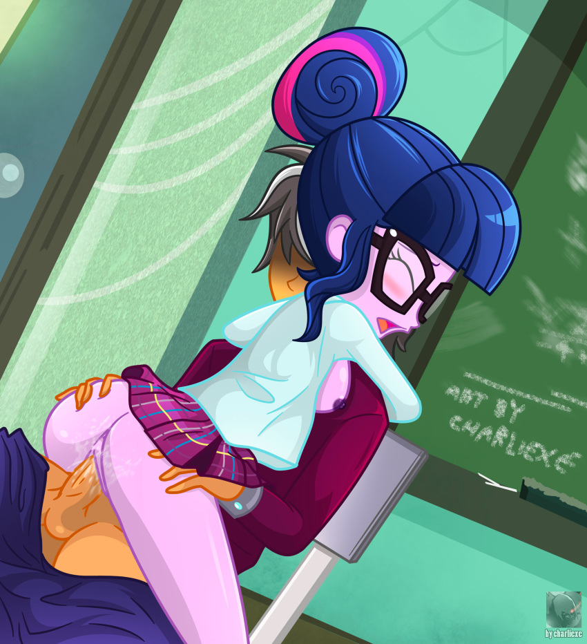 1boy 1girl ass bespectacled blush charliexe classroom closed_eyes equestria_girls friendship_is_magic glasses indoors male/female my_little_pony no_bra no_panties partially_clothed penis_in_pussy school_uniform sex shirt sideboob skirt skirt_lift twilight_sparkle twilight_sparkle_(mlp) unbuttoned_shirt vaginal vaginal_penetration vaginal_sex