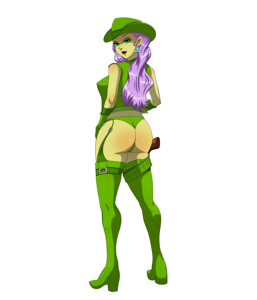alien ass boots bubble_butt earrings garter_belt gloves green_eyes green_panties hat jewelry lipstick long_hair looking_back panties pointy_ears princess_mandie purple_hair red_ass shiny shiny_skin smile solo st._patrick's_day the_fairly_oddparents underwear weapon yellow_skin