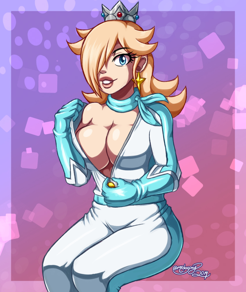 1girl 2019 blonde_hair blue_eyes blue_gloves breasts cleavage crown dpsiko earrings gloves hair_over_one_eye jumpsuit large_breasts legs lips long_hair looking_at_viewer mrdeepay parted_lips princess_rosalina rosalina scarf signature sitting smile super_mario_bros. unzipped