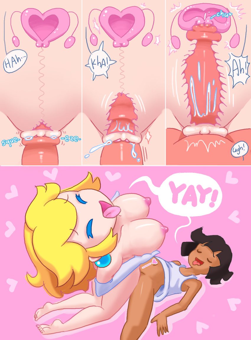 1girl blonde_hair breasts clitoris closed_eyes clothing dark-skinned_male dark_skin earrings female female_on_top gloves happy happy_sex heart holding holding_breast insertion looking_pleasured male minus8 nintendo nipples nude nude_female open_mouth ovum penetration penis princess_peach pussy pussy_juice royalty sex shirt smile straight super_mario_bros. t-shirt tongue tongue_out vaginal_insertion vaginal_penetration womb x-ray