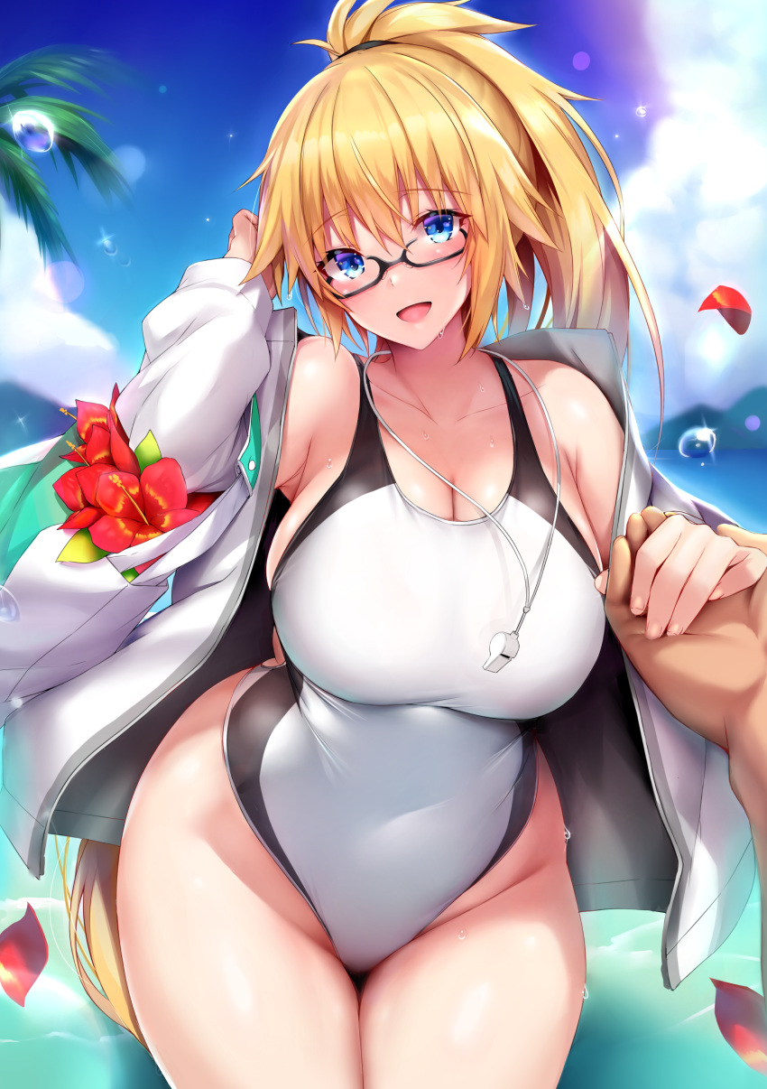 1boy 1girl bag bangs bare_shoulders black-framed_glasses blonde_hair blue_eyes blue_gk blue_jacket blurry blurry_background blush breasts cleavage covered_navel day fate/grand_order fate_(series) glasses groin hair_between_eyes hairband hand_up highleg highleg_swimsuit holding_hands hood hooded_jacket jacket jeanne_d'arc_(alter)_(swimsuit_berserker) jeanne_d'arc_(fate)_(all) large_breasts long_hair looking_at_viewer off_shoulder one-piece_swimsuit open_clothes open_mouth outside ponytail pov semi-rimless_glasses shoulder_bag sidelocks sitting skindentation smile swimsuit thighs very_long_hair wet whistle whistle_around_neck yamoge